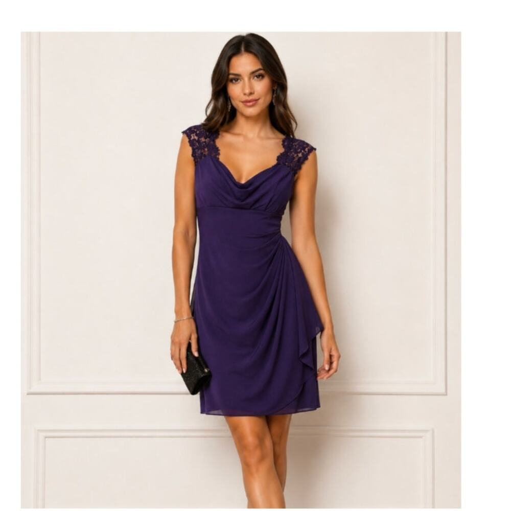 Xscape Plum Purple Ruched Lace Back Cocktail Dress Plum Purple 12